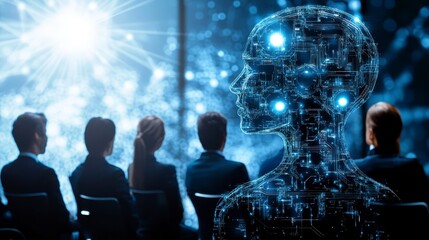 Audience Listening to AI Presentation Futuristic Technology Conference Digital Transformation