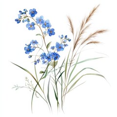 Naklejka premium watercolor painting of blue flowers and wheat stalks on white