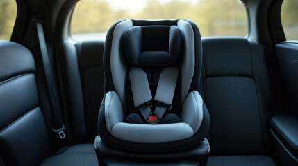 Empty car seat for toddler in modern car. Safe, family friendly car interior. Modern car seat for baby shown. Vehicle interior looks comfortable. Photo shows protective features. Focus on safety.