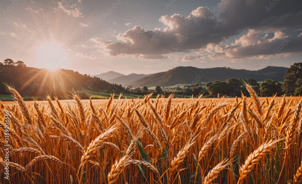 Poster field of golden wheat with a bright sun shining on it. the sun is in the sky and the field is in the