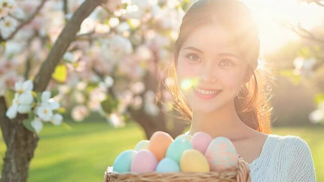 4k video of beauitful Asian woman smiling with Easter eggs.