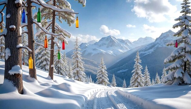 Snowy Mountain with Colorful Bottle Trees