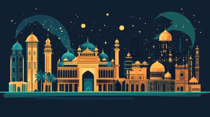 Night cityscape of futuristic Islamic architecture.  Golden domes and minarets of mosques,