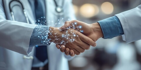 Two doctors shake hands in medical setting. Digital network graphic overlays handshake. Tech, healthcare converge in collaborative moment. Partnership, innovation in healthcare central themes.