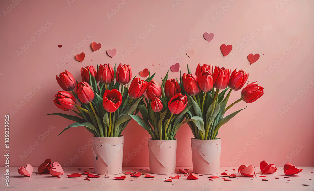 Poster three vases of red tulips are arranged on a pink background. there are also some hearts scattered ar
