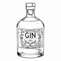 Gin bottle with vintage label in black and white sketch
