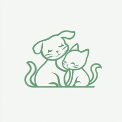 Green line art dog cat cuddle, white background, pet adoption