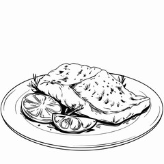 Baked salmon with lemon garnish, black and white drawing