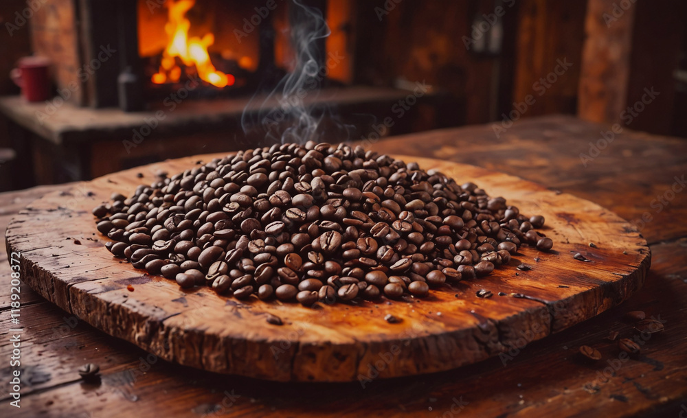 Poster pile of coffee beans on a wooden cutting board. the beans are spread out and some are piled on top o