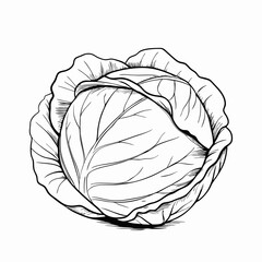 Whole cabbage with outer leaves, black and white illustration