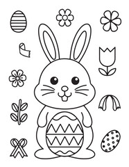 Easter Coloring page, Easter egg Coloring Page, Easter Holiday coloring page, easter bunny coloring page. bunny line art, black and white image