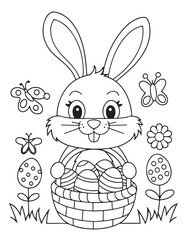 Easter Coloring page, Easter egg Coloring Page, Easter Holiday coloring page, easter bunny coloring page. bunny line art, black and white image