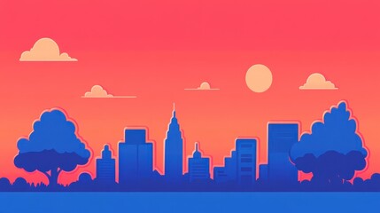 Serene Cityscape Silhouette at Sunset Urban Landscape with Trees and Sky