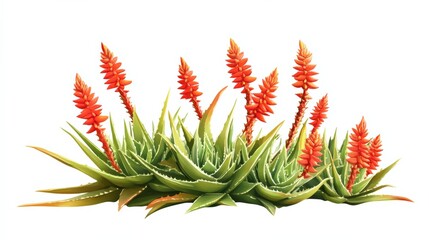 aloe vera plant with orange flowers on white background