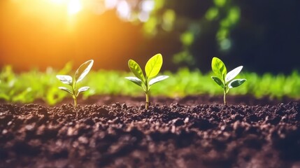 Fototapeta premium Three Young Seedlings Growing in Rich Soil at Sunrise New Life Growth Concept