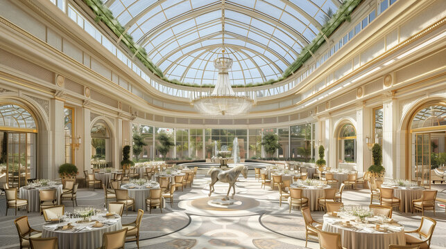 Luxury restaurant interior design featuring dining tables and chairs in a well-lit, elegant room with large windows and stylish architecture