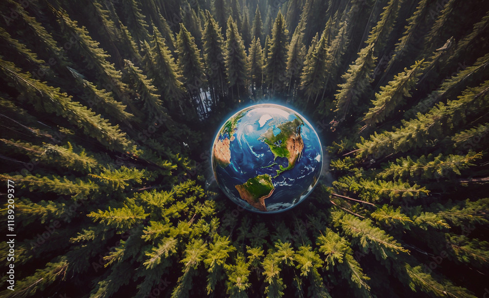 Poster globe is in the middle of a forest. the globe is surrounded by trees. the globe is green and blue
