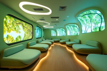 Fototapeta premium A classroom with custom-designed seating, interactive projector walls, and soft, natural lighting