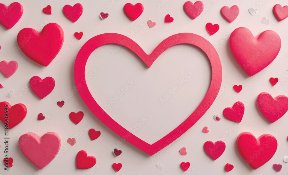 Poster heart with a white background and a red heart in the middle. there are many red hearts surrounding t