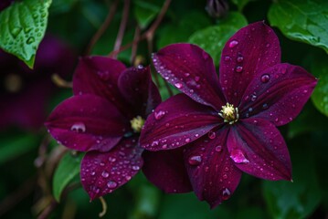 Dark Purple Clematis Flowers with Dew Drops Nature Macro Photography