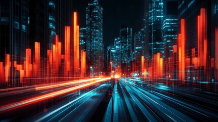 Naklejka premium Dynamic Cityscape at Night with Overlayed Financial Growth Charts and Light Trails