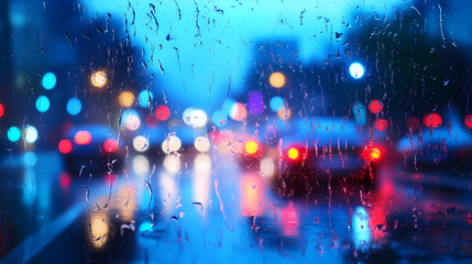 Neonlit rainy night urban scene, blue lights reflection. Nightstone. Illustration