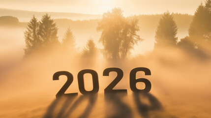 Golden Sunrise Over Misty Forest with Bold 2026 Numerals Creating a Visionary and Inspirational New Year Scene
