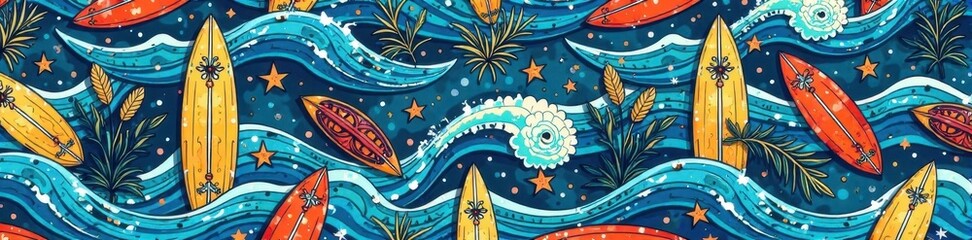 Wavy oceanic design featuring tribal surfboards in seamless repeat, wood grain, beach decor, weathered finishes