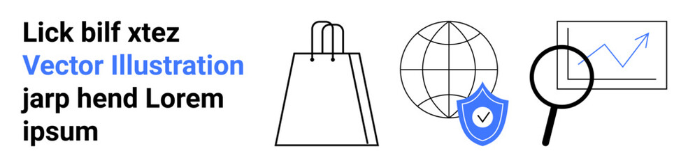 Shopping bag, globe with shield, magnifying glass over graph representing e-commerce, global security, and market analysis. Ideal for online shopping, global trade, data security, business analytics