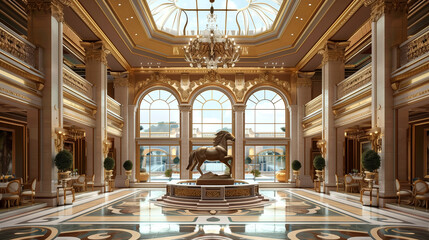 Fototapeta premium Luxury restaurant interior design featuring dining tables and chairs in a well-lit, elegant room with large windows and stylish architecture