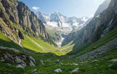 Fototapeta premium Alpine Meadow in a Mountain Valley – Serene Landscape with Blooming Wildflowers and Majestic Peaks