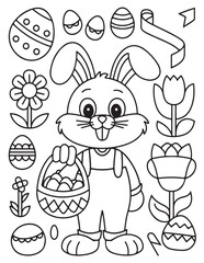 Easter Coloring page, Easter egg Coloring Page, Easter Holiday coloring page, easter bunny coloring page. bunny line art, black and white image