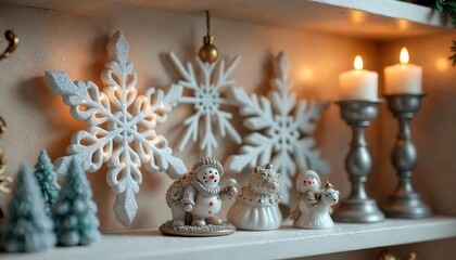Fototapeta premium Holiday Shelf with Ceramic Snowflakes and Miniature Figurines