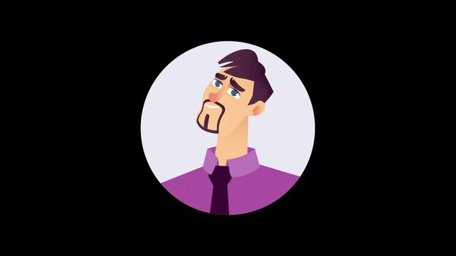 A cartoon character with short hair and a goatee, wearing a purple shirt and tie, expressing a thoughtful demeanor.