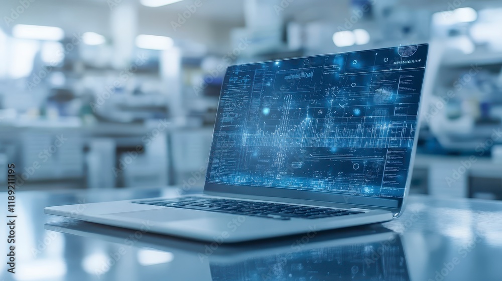 Poster modern laptop displaying data analytics in a modern lab setting