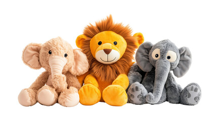 A set of soft plush animals, including a lion, elephant, and monkey isolated on transparent background