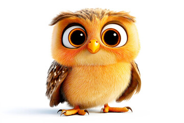 A small, fluffy owl with oversized, expressive eyes stands on its feet. Its feathers are soft and warm, showcasing shades of brown and orange. This adorable creature gazes curiously ahead