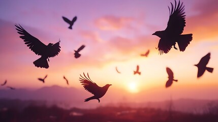 Naklejka premium Flock of Birds at Dusk, a serene silhouette of birds soaring across a vibrant evening sky, evoking a sense of freedom and tranquility.