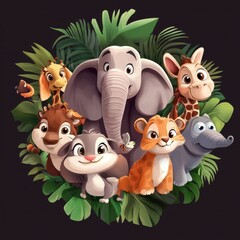 Naklejka premium Adorable Baby Animals Gather Amongst Lush Tropical Foliage
