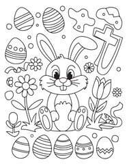 Easter Coloring page, Easter egg Coloring Page, Easter Holiday coloring page, easter bunny coloring page. bunny line art, black and white image
