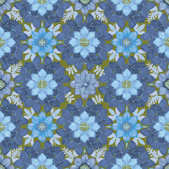 A vector, geometric, hand drawn floral seamless patterns of monochromatic blu flowers on a neutral, changeable color olive green background. Perfect for curtains, tableware, dresses, scarves, product