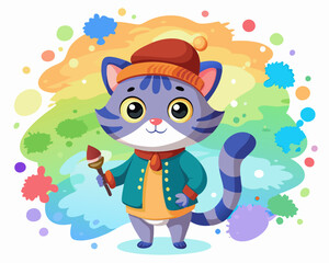 Fototapeta premium Cute Cartoon Cat Character – Colorful Polka Dot Sweater, Adorable Design