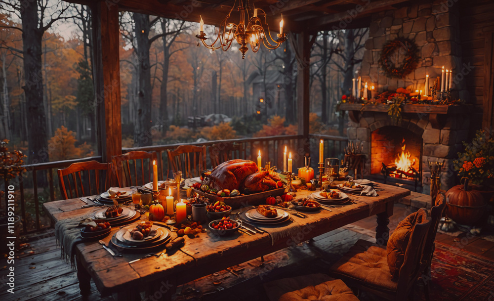 Poster table with a turkey and a lot of food. there are candles on the table