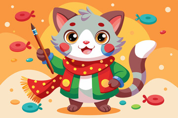 Cute Cartoon Cat – Colorful Red Polka Dot Sweater, Adorable Character Design