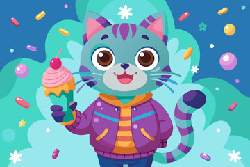 Cute Cartoon Cat &ndash; Colorful Sweater, Ice Cream Cone, Adorable Character Design