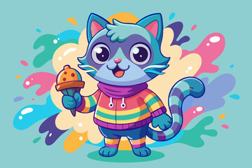 Cute Cartoon Cat – Colorful Sweater, Ice Cream Cone, Adorable Character Design