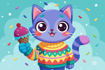 Cute Cartoon Cat – Colorful Sweater, Ice Cream Cone, Adorable Character Design