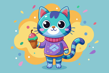 Cute Cartoon Cat &ndash; Colorful Sweater, Ice Cream Cone, Adorable Character Design
