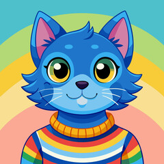 Whimsical Cat Portrait – Colorful Rainbow Sweater, Cute Cartoon Cat Design