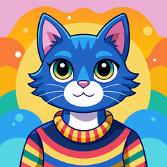 Whimsical Cat Portrait – Colorful Rainbow Sweater, Cute Cartoon Cat Design